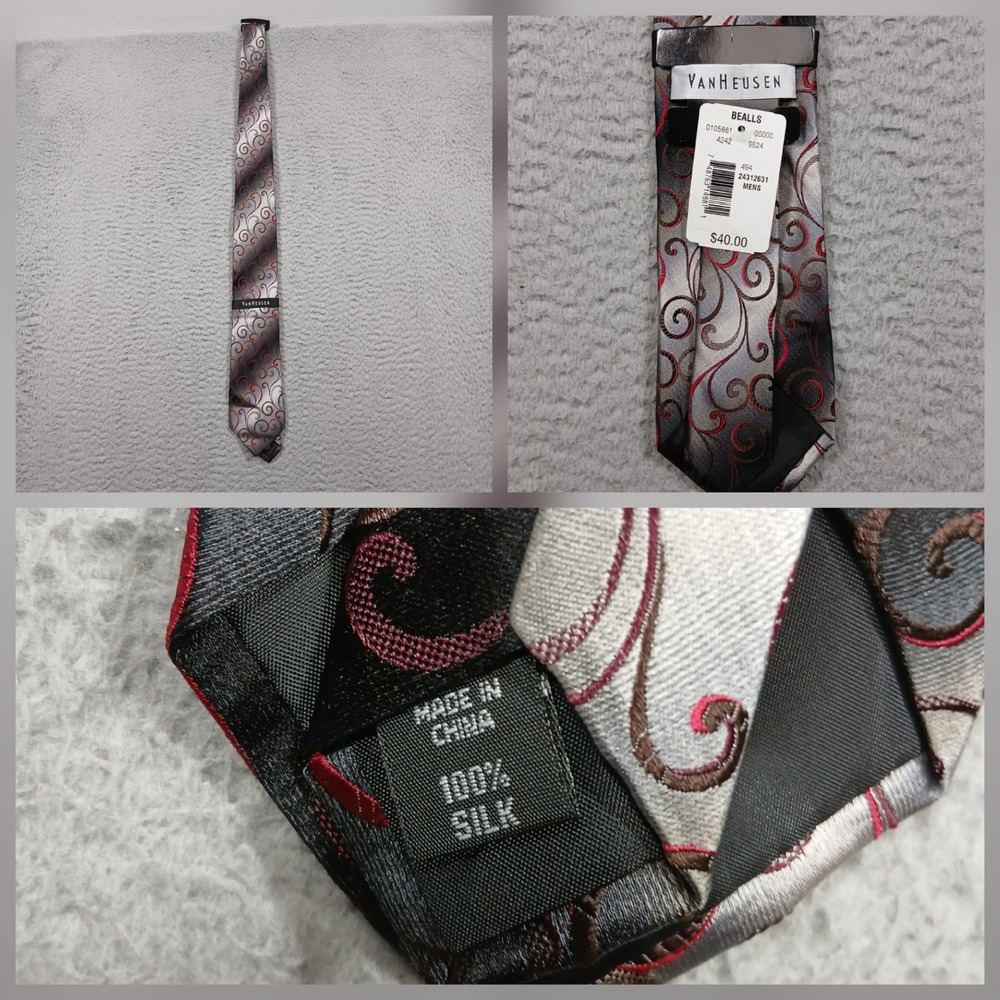 Van Heusen Silk Neck Tie Mens Gray Red Swirl‎ Pattern NWT